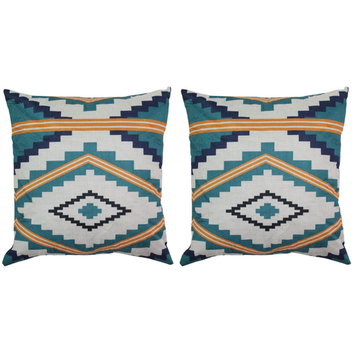 2x Teal & Orange Geometric Shapes Cushions With Insert Features Rear Zip 45cm