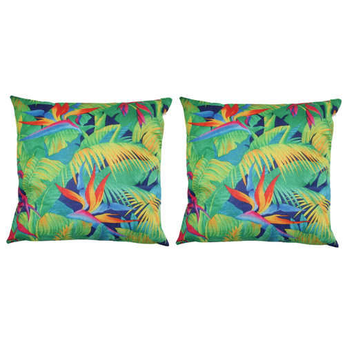 2x Bird of Paradise & Bright Green Leaves Cushions w/ Insert Rear Zip 45cm Tropical