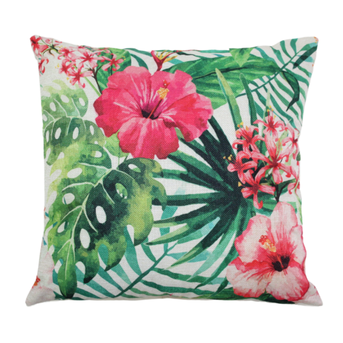 Hibiscus Flower & Monstera Leaf Cushion With Insert Rear Zip 45cm Tropical Green