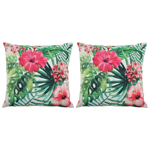 2x Hibiscus Flower & Monstera Leaf Cushions with Inserts Rear Zip 45cm Tropical Green