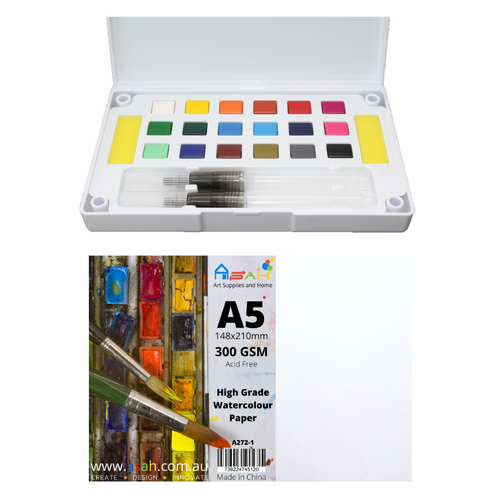 A5 Watercolour Paper 300gsm + Paint Pan Set with Palette & Brushes Pack