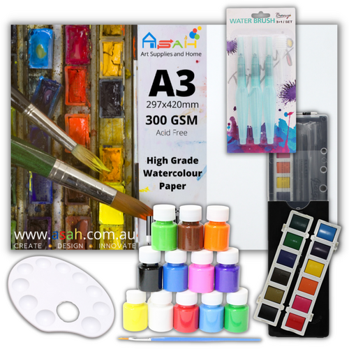 Mixed Watercolour Painting Kit with A3 Paper, Brushes, Palette, Paint Set