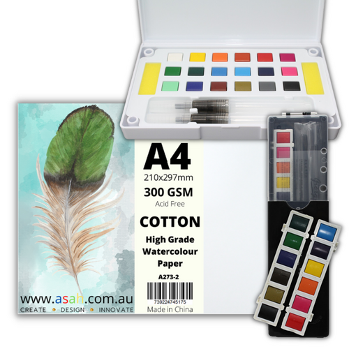 Watercolour Painting Kit 30 Colours, A4 Paper, Brushes, Palette Box, Paint Set