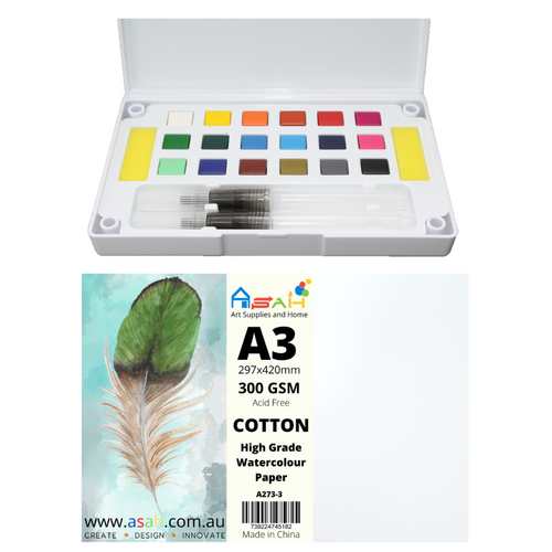 A3 Cotton Watercolour Paper 300gsm + Paint Pan Set with Palette & Brushes Set