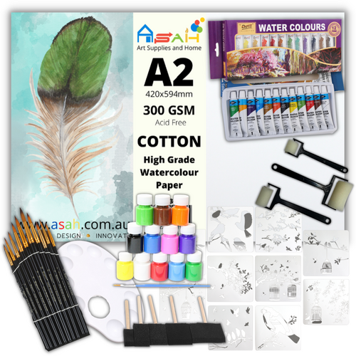 Mega Watercolour Painting Kit A2 Cotton Paper, Brushes, Palettes, Stencils, Paint Set