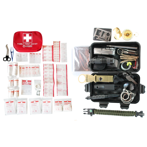 Survival + First Aid Kits 107pce Emergency Set In Bags for Hiking & Camping