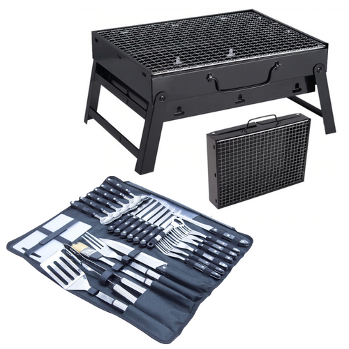 BBQ Grill Mini + Cooking Tools & Utensils, Foldable & Portable Black 43x29cm Charcoal