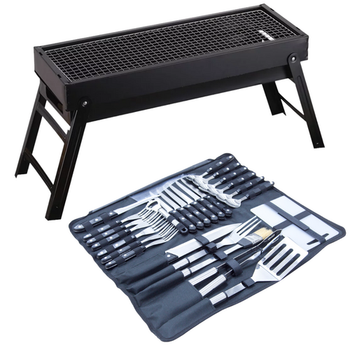BBQ Grill Black + Cooking Tools & Utensils, Foldable & Portable Standing 60x23cm