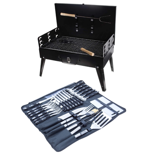 Charcoal BBQ Grill + Cooking Tools & Utensils, Foldable & Portable Black Stainless Steel 46x27cm
