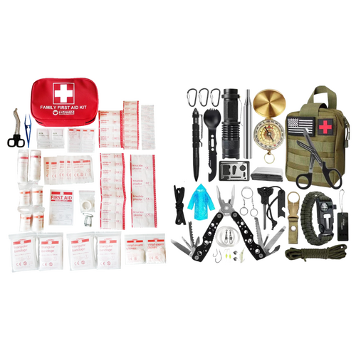 Survival + First Aid Kits 111pce Emergency Set In Bags for Hiking & Camping