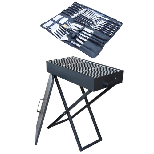 60cm Charcoal BBQ Grill + Cooking Tools & Utensils, Black Metal Standing & Foldable