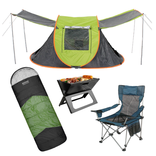 Camping Setup Tent, Chair, Fire Pit, Sleeping Bag & Pillows Bundle 1 for Outdoors