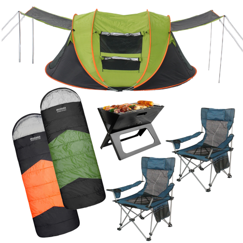 Camping Couple Setup Tent, Chairs, Fire Pit, Sleeping Bag & Pillows Bundle 1 for Outdoors