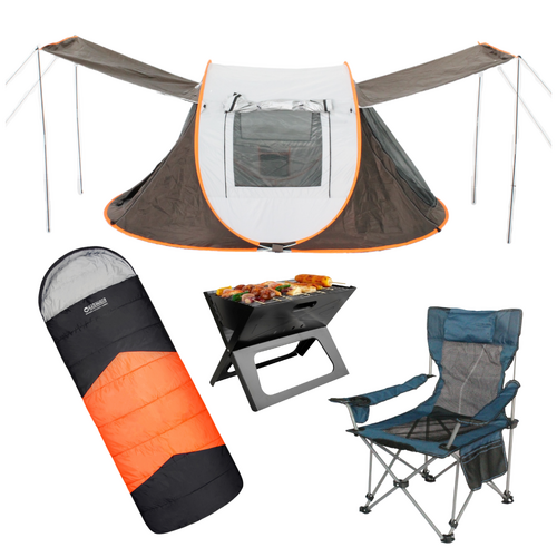 Camping Setup Tent, Chair, Fire Pit, Sleeping Bag & Pillows Bundle 2 for Outdoors