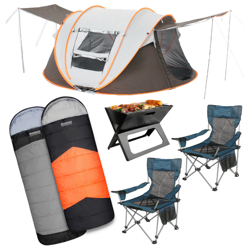 Camping Couple Setup Tent, Chairs, Fire Pit, Sleeping Bag & Pillows Bundle 2 for Outdoors