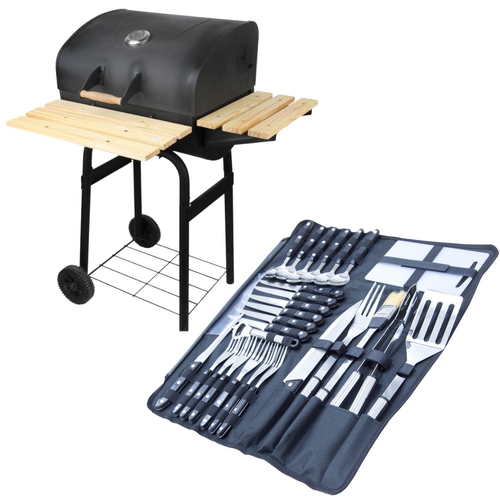 Charcoal BBQ Grill + Cooking Tools & Utensils, Oven & Smoker on Wheels Black Metal 102cm