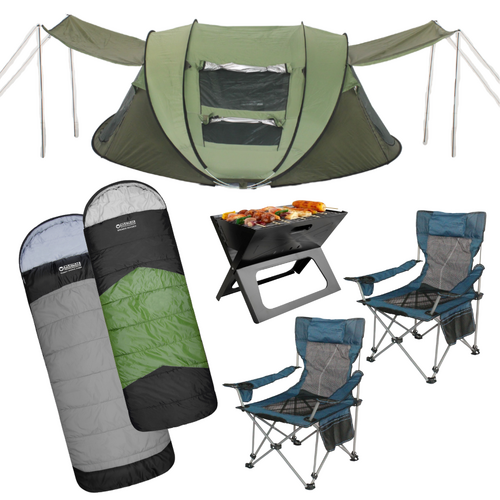 Camping Couple Setup Tent, Chairs, Fire Pit, Sleeping Bag & Pillows Bundle 3 for Outdoors