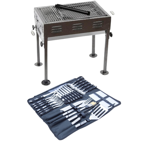 Charcoal Japanese BBQ Grill + Cooking Tools & Utensils, Portable Design on Legs 59cm Black