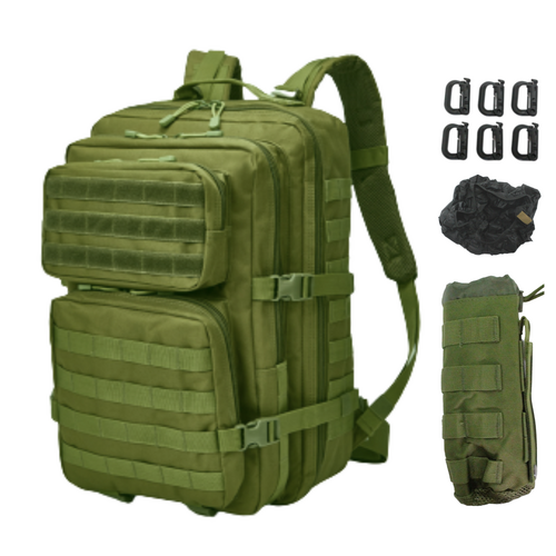Backpack Green Military Tactical Rucksack with Bottle Holder & Clip Attachments for Hiking & Camping