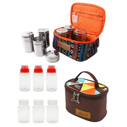 Camping Condiment Bottles, & Spice Shakers Bundled Set in Portable Bags 12 Pieces