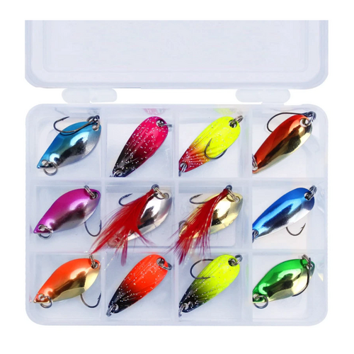 Fishing Spoon Lures Set Metal Hard Body 12pce 2.5g in Tackle Case Reflective