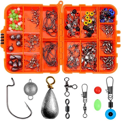 Rock Fishing Tackle Box Set Hooks, Sinkers, Swivels & Glow Beads 165 Pieces Carp