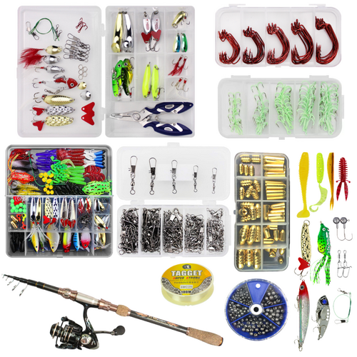 Fishing Rod & Tackle Combo Set 2.4m Sinkers, Hooks, Lures, Line 656 Pieces