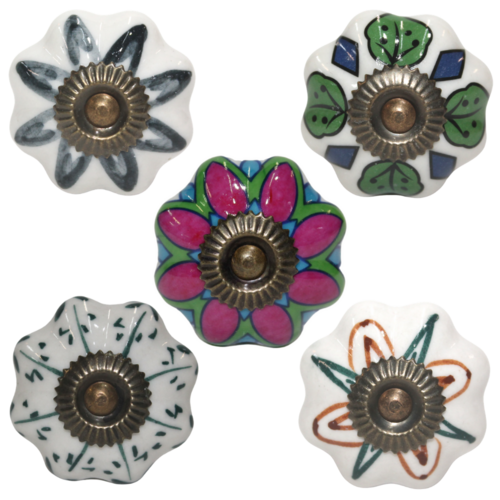 5pce Flower Bundled Set of Moroccan Door Handle Knobs Drawer/Wardrobe/Furniture