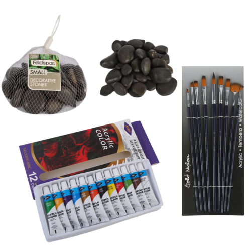 Rock Stone Painting Set 9 Brushes, 12 Colours, 750g Black Rocks Kids Activity