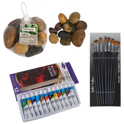Rock Stone Painting Set 9 Brushes, 12 Colours, 1kg Natural Rocks Kids Activity