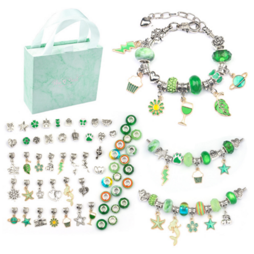 Jewellery Bracelet Making Kit Diy 63 Piece Green Charms & Beads In Gift Box