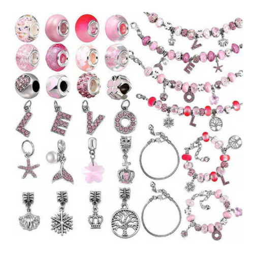 Jewellery Bracelet Making Kit Diy 64 Piece Pink Love Charms & Beads In Gift Box