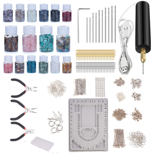 Jewellery Making Kit Crystals Chips, Drill Set Plus Silver, Gold, Grey & Bronze Hardware