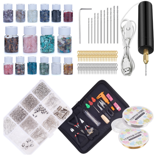 Jewellery & Earring Making Kit 16x Crystals, Drill & Silver Accessories Piece Set in Wallet