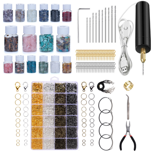 Jewellery Making Kit Crystals Chips, Drill Set Plus Silver, Gold, Grey & Bronze Hardware