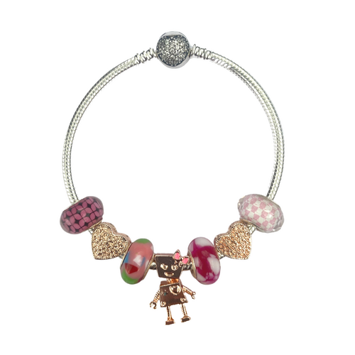 18cm Pink Mix Bracelet Set with Rose Gold, Colour Beads Snake Chain, Love Hearts