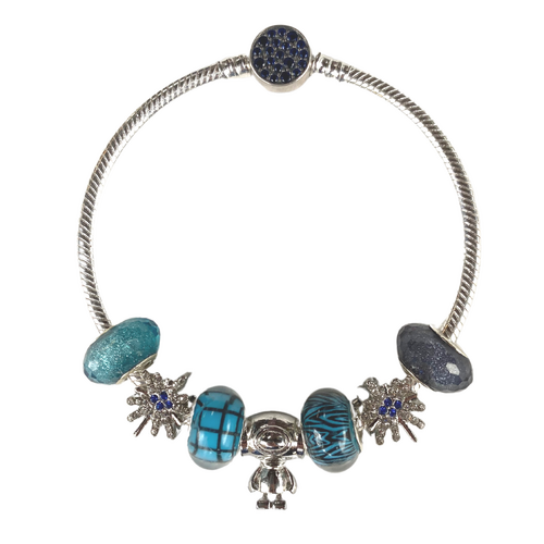 17cm Deep Blue Bracelet Set Diamante Charms & Colour Beads on Silver Snake Chain