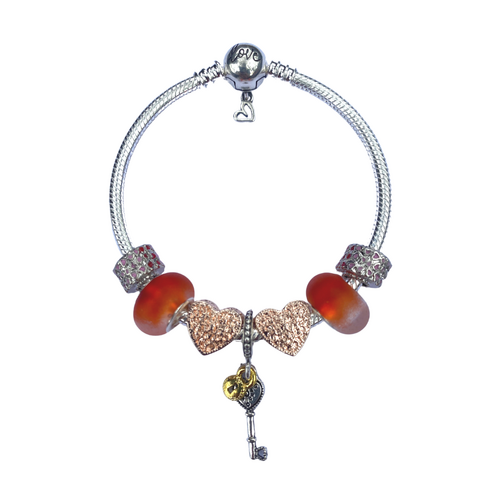 17cm Love Heart Bracelet Set Red Charms & Colour Beads on Silver Snake Chain