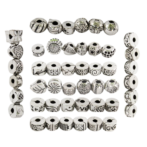Mixed Silver Etched Clasp Charm Beads Set 48pce for Bracelets Jewellery Bundle
