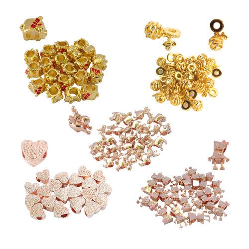 Mixed Rose Gold & Yellow Gold Charm Beads Set 100pce for Bracelets Jewellery Bundle