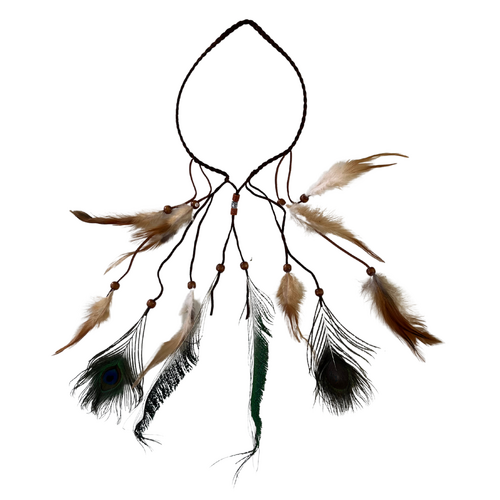 Brown Peacock Feather Headband/Necklace Hair Adjustable Accessory Hippie Tribal 