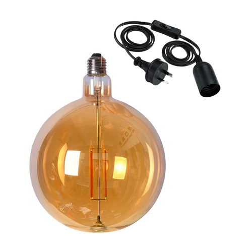 Round Edison LED Light Globe & Power Cord Plug In 1.8m E27 6 Watt Bulb 25cm