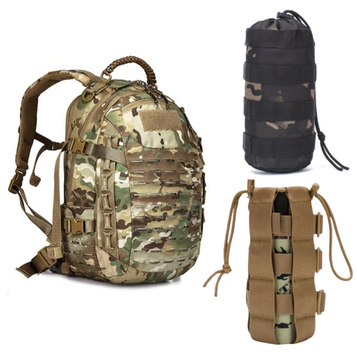 Tactical Backpack + 2 Water Bottle Holders Set Camouflage Rucksack for Hiking & Camping