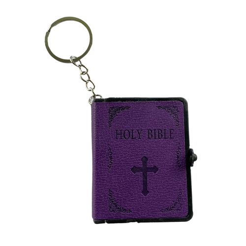 Mini Holy Bible Book Key Ring Purple PU Leather Religious Church Novelty Gift