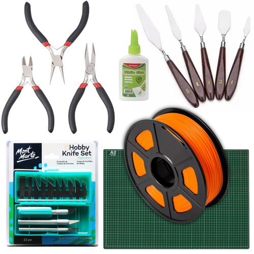 3D Printing Orange Filament & Tools Intro Set, Mat, Glue, Pliers, Knives Bundle 24pce