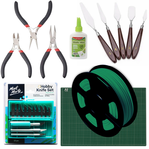 3D Printing Dark Green Filament & Tools Intro Set, Mat, Glue, Pliers, Knives Bundle 24pce