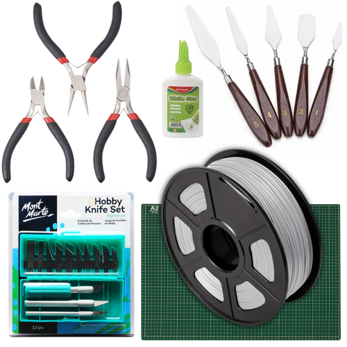 3D Printing Grey Filament & Tools Intro Set, Mat, Glue, Pliers, Knives Bundle 24pce