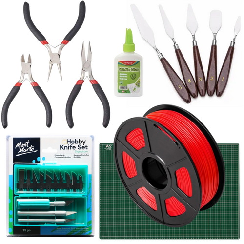 3D Printing Red Filament & Tools Intro Set, Mat, Glue, Pliers, Knives Bundle 24pce