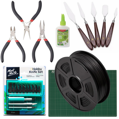 3D Printing Black PETG Filament & Tools Intro Set, Mat, Glue, Pliers, Knives Bundle 24pce