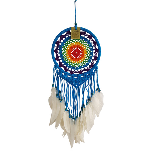 Dream Catcher 22cm Rainbow with Doily Feathers Blue Colour & Beads